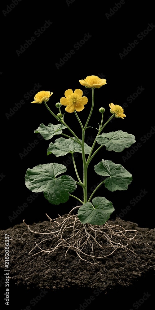 Obraz premium Vibrant yellow wildflower with visible root system emerging from dark soil against a black background