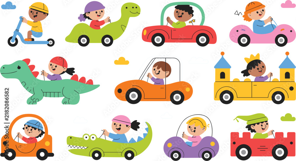 Fototapeta premium Cute Children Driving Colorful Toy Cars Illustration Set with Kids Riding Dinosaur, Castle, Scooter and Animal-Themed Vehicles