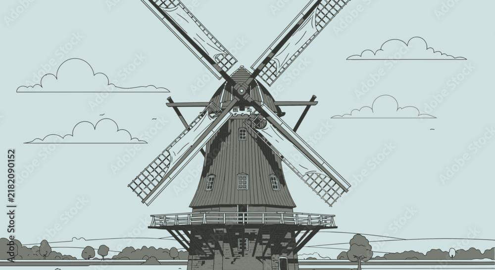 Obraz premium Traditional Dutch Windmill Illustration, Rural Landscape, Historical Architecture, Vintage Style
