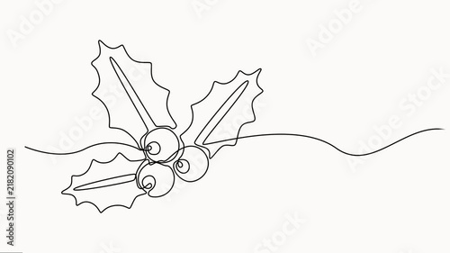 self drawing animation, full-length  one line motion video. Minimalist holly leaves and berries line drawing animation for seasonal holiday design projects.