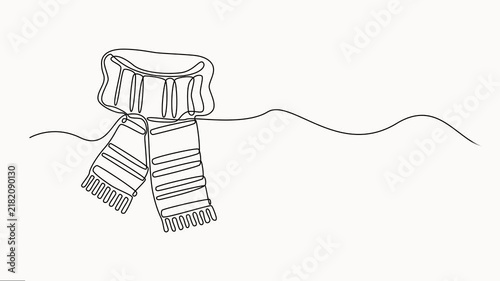 Minimalist scarf drawing continuous line art on white background for winter concept animation. Single line self drawing animation, full-length  one line motion video