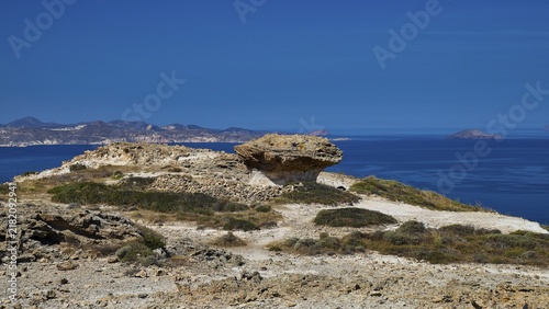 Coastal view with eye-catching rock formation and sea view, mushroom rock, mushroom rock, bizarre rock formation, Skiadi, Kimolos, Cyclades, Greek Islands, Greece