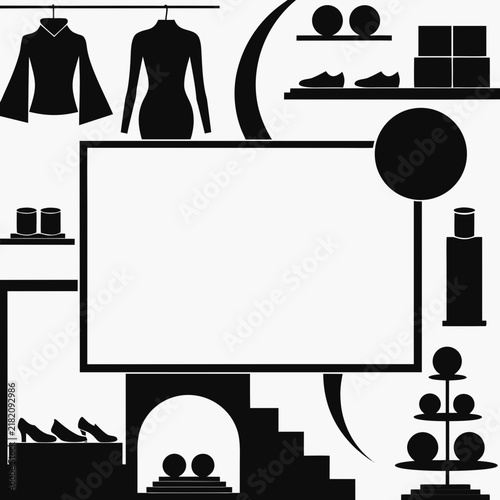 Minimalist fashion boutique silhouette vector, retail store interior icons with copy space, black and white apparel shop display