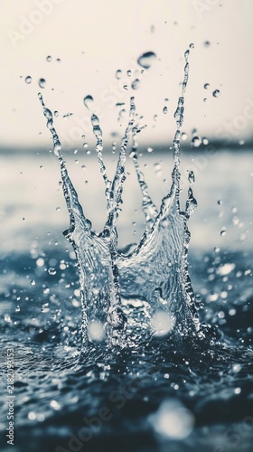 Dynamic water splash frozen in mid-air with droplets scattering and creating ripples on the surface