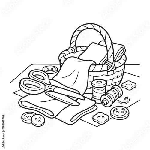 Cute Wicker Craft Basket Filled with Sewing and Craft Supplies Coloring Page for Kids Vector Illustration
