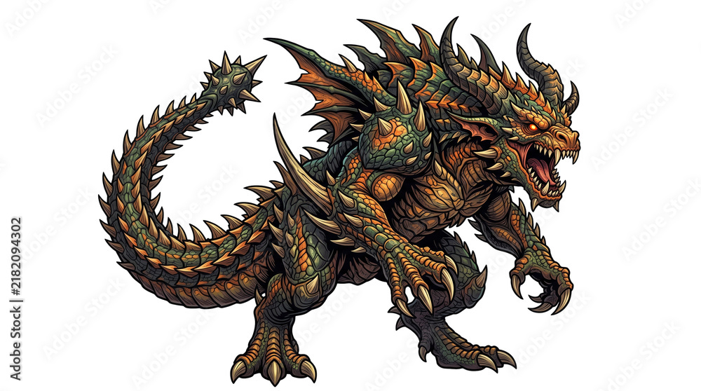 Fototapeta premium Fierce fantasy dragon monster, armored reptilian beast with horns and spikes, mythical creature for gaming and concept art isolated PNG with Transparent Background