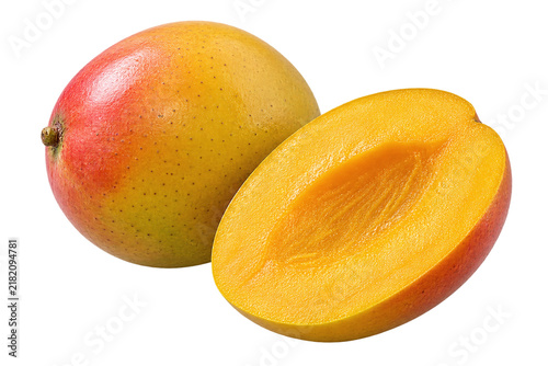 Ripe mango and cut half isolated on transparent background