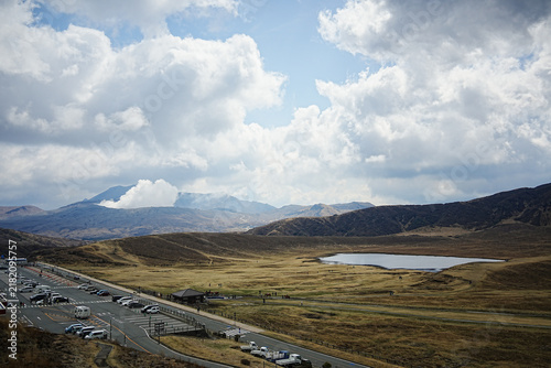 Kusasenri Grassland, Pond and Mountain Landscape in Aso, Kumamoto, Japan