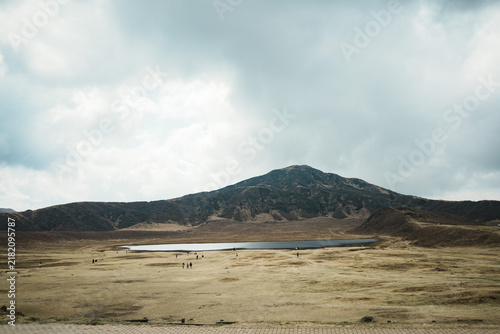 Kusasenri Pond and Mountain Landscape in Aso, Kumamoto, Japan