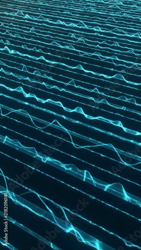 Abstract rhythmic cyan glowing sound waves and digital audio frequency lines on dark background