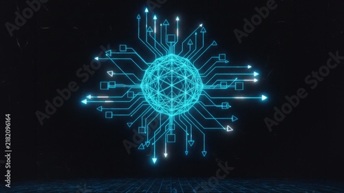 Futuristic cyberpunk glowing neon blue digital sphere network with circuit lines on dark background