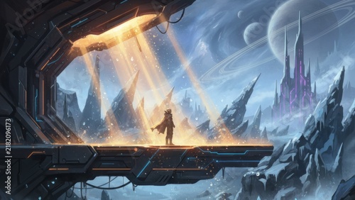 Futuristic science fiction ice planet landscape with glowing portal from sci-fi hangar
