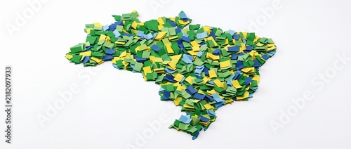 Map of Brazil made of confetti in national colors. A vibrant representation of Brazil's rich culture and national pride, formed by colorful confetti pieces.