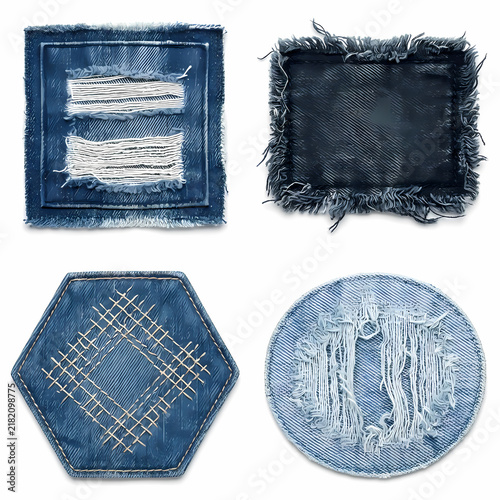 Set of four distinct denim patches featuring frayed edges and embroidered textures showcasing various blue fabric textile styles suitable for creative tailoring applications and artistic fashion