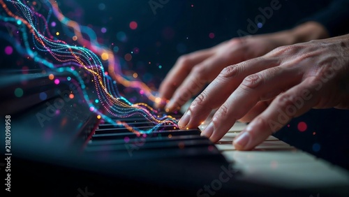Hands Playing A Piano With Vibrant Abstract Digital Waves Representing Creative Musical Sound And Artistic Frequency