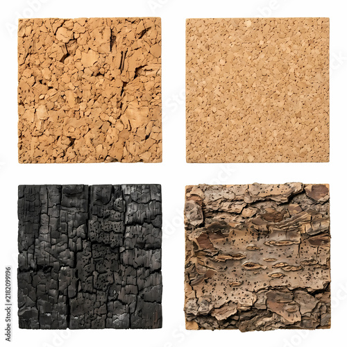 Natural Wood Surfaces Featuring Organic Tree Bark Textures And Carbonized Charred Timber Squares Displaying Four Unique Material Patterns For Architectural Design Projects And Surface Flooring