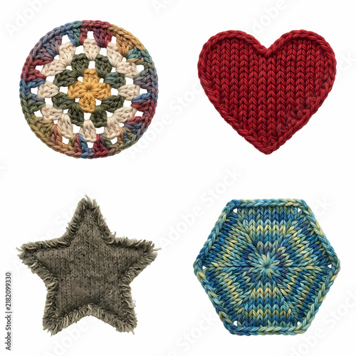 Multicolor Crochet Circle Red Heart Shape Grey Star Fabric And Blue Hexagon Knit Patches Displayed As A Collection Of Handcrafted Yarn Accessories For Creative Sewing Projects And Decorative