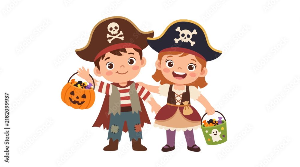 Fototapeta premium Happy Kids in Pirate Costumes Holding Candy Buckets