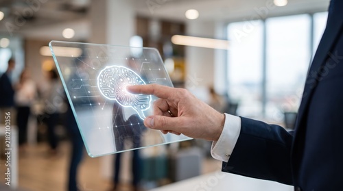 Businessman hand touching futuristic transparent tablet displaying glowing artificial intelligence brain icon, augmented reality interface, innovation and technology