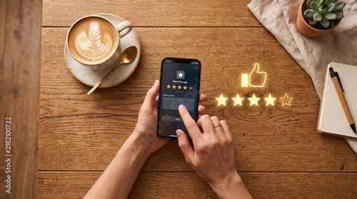 Hands holding smartphone rating mobile application with five stars and thumbs up icon, view on wooden table with latte art coffee cup and notebook, customer review