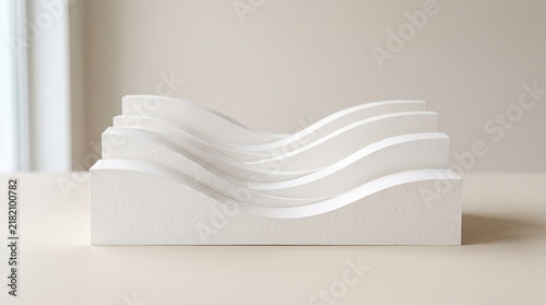 Minimalist layered paper art sculpture resembling ocean waves or topographic map lines, white textured cardstock cutouts stacked in wavy formation, abstract 3D shape design, clean