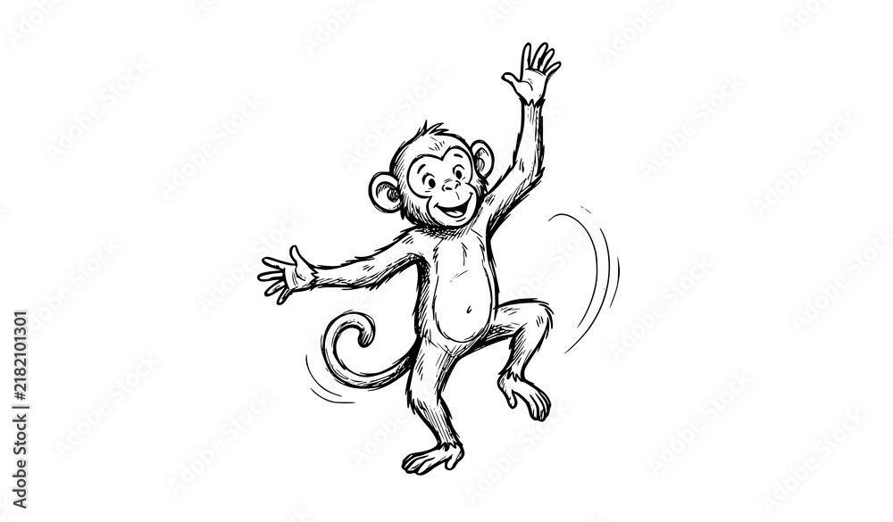 Fototapeta premium Dancing Monkey Hand Drawn Black White Sketch Vector Illustration