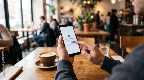 Over the shoulder shot of person holding smartphone in busy cafe, tapping screen to confirm identity verification process, displaying secure login interface with shield symbol