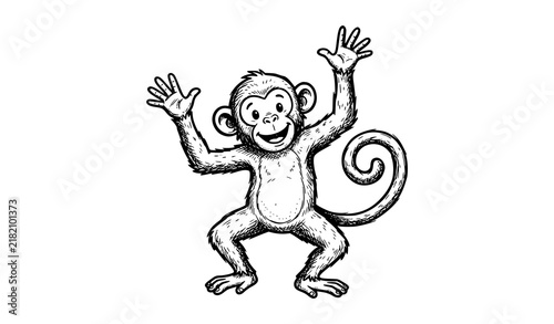 Photography Dynamic Dancing Monkey Vintage Ink Sketch Monochrome Vector Illustration
