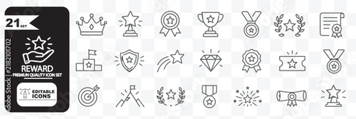 Set of reward points outline icons with star, badge, gift, coin, discount card, money, shopping bag, hand, and target
