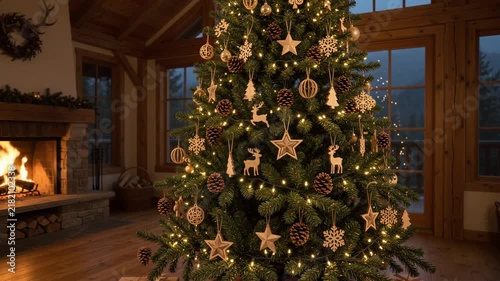 Decorated Christmas tree with warm lights and wooden ornaments in a cozy rustic mountain lodge featuring a glowing fireplace and evening forest views through large windows.