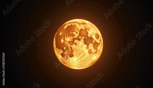 Full moon glowing in deep night sky, detailed illuminated lunar surface showing craters, maria and warm amber tones, full moon with soft halo and subtle texture,