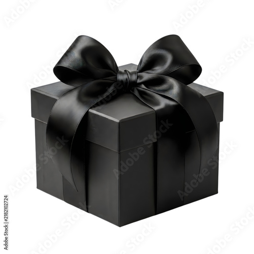 Black gift box with a shiny black silk ribbon bow isolated on transparent background
