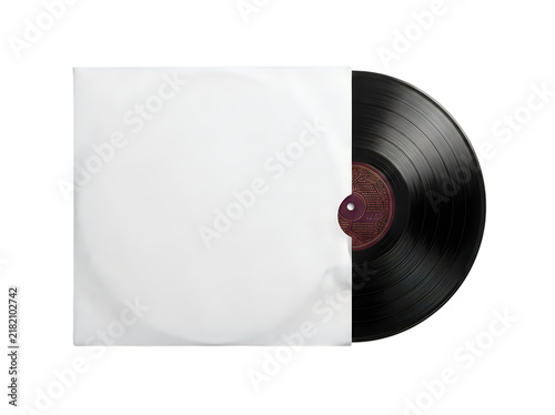 Black vinyl record album in a white paper sleeve isolated on transparent background