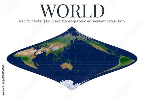 World Map. Foucaut stereographic equivalent projection. High detail physical map of the Earth. Pacific center at lat 0 lon 150.