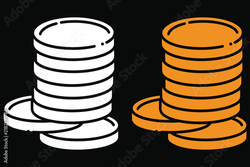 Two stacks of coins, one white and one orange, isolated on black background