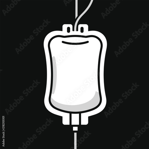 White iv drip bag with tubing on a black background