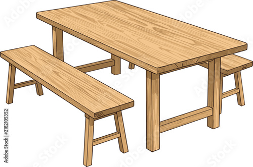 Wooden picnic table with bench and stool, hand-drawn