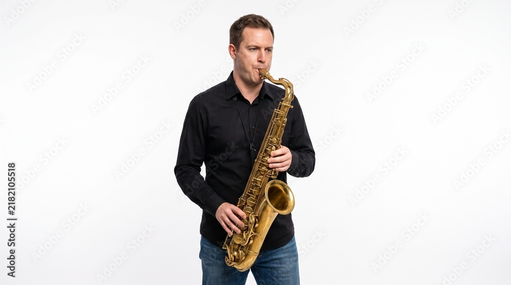 Fototapeta premium Man Playing a Saxophone with a White Background