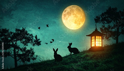 Whimsical Japanese folklore landscape with silhouetted rabbits as the main subject beneath a glowing full moon and lantern
