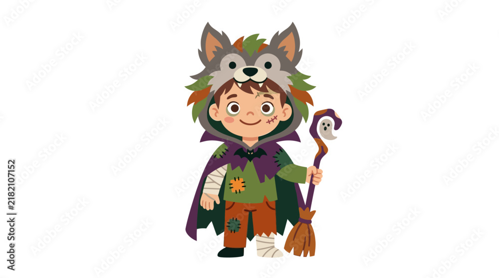 Fototapeta premium Cute Boy in Wolf Costume Holding a Broomstick