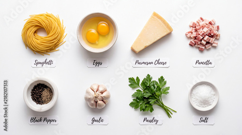 Fresh ingredients for classic pasta dish preparation displayed on neutral background with minimalist composition perfect culinary inspiration recipe development