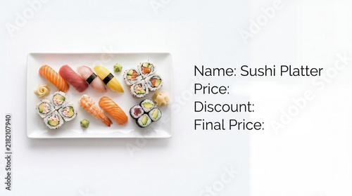 Elegant assorted sushi platter with fresh rolls and nigiri on white plate with sliced fish pristine white rectangular plate