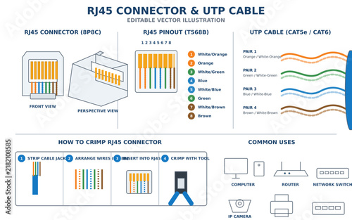 RJ45 Connector and UTP Ethernet Cable Network Vector Illustration