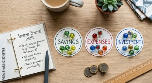 Financial Savings and Expenses Management With Marbles and Coins
