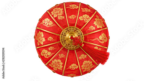 Top view red Chinese lantern isolated for Chinese New Year decoration. Round silk lantern ornament on transparent background