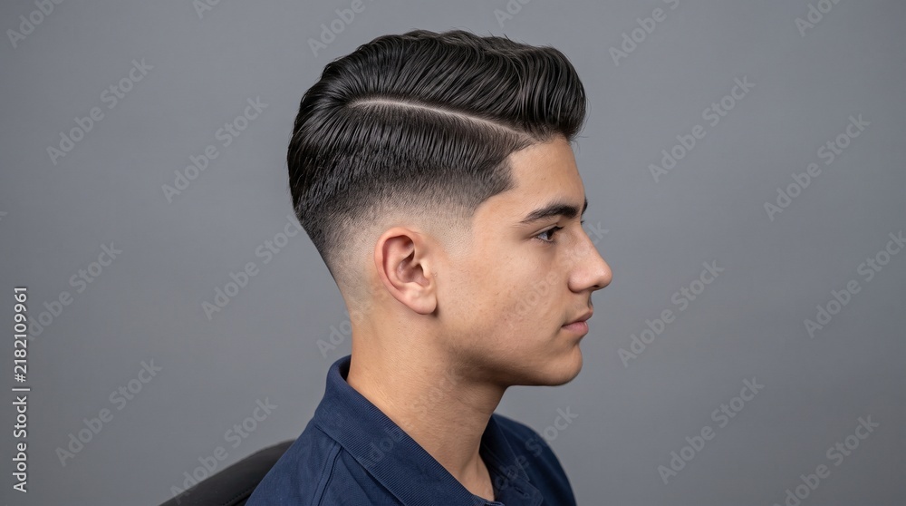 Obraz premium Modern fade haircut for men, stylish side part hairstyle on young male model, professional barber shop grooming and hair styling