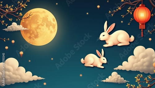 Cute digital illustration of two adorable rabbits sitting together on fluffy clouds under a large glowing full moon, surrounded by traditional red lanterns and decorative branches against a dark blue 