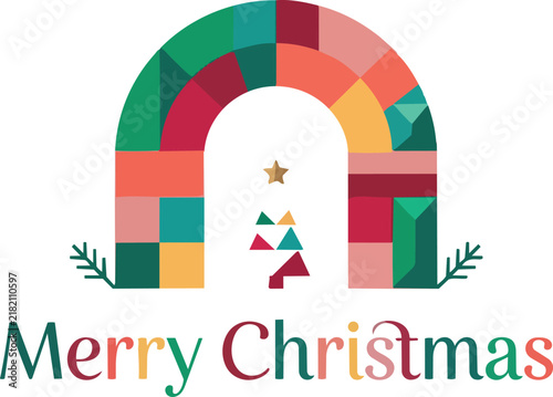 Merry Christmas greeting card design with geometric arch and abstract tree illustration