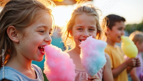 Happy children eating colorful cotton candy at summer carnival, smiling friends outdoors, fun fair lifestyle, sunny vacation mood