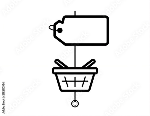 Black and white line art icon of a shopping basket and price tag representing retail commerce and online sales transactions